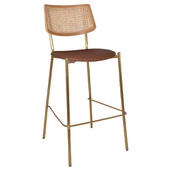 Andrea Rattan Back Brass Frame Bar Stool with Padded Seat 77cm
