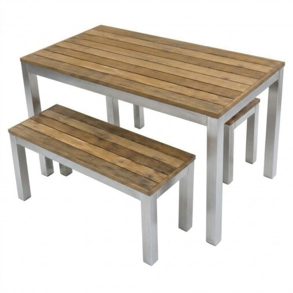 Avoca Beer Garden Outdoor Table and Bench Set Recycled Blonde Timber Top Silver Frame