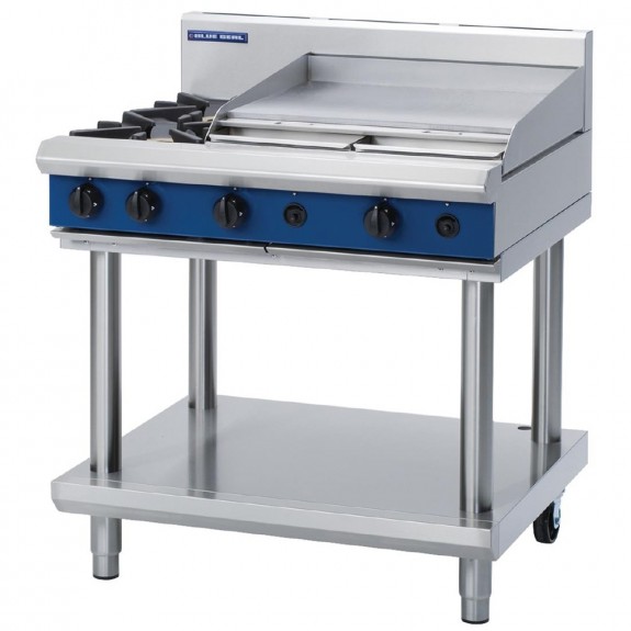 GE830-P Blue Seal 900mm Gas Cooktop 2x Burners & 600mm Griddle On Leg Stand - LPG / Propane