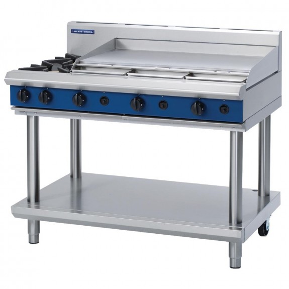 GE833-N Blue Seal 1200mm Gas Cooktop 2 Burners & 900mm Griddle On Leg Stand - Natural Gas
