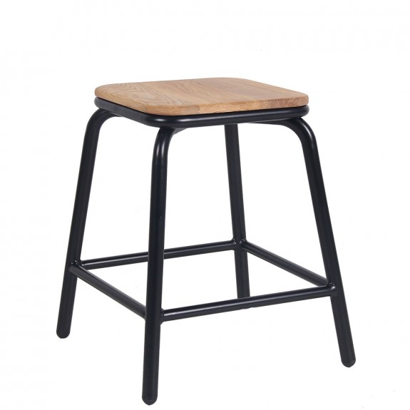 Industrial Low Stool Stackable Metal with Wooden Seat Apex