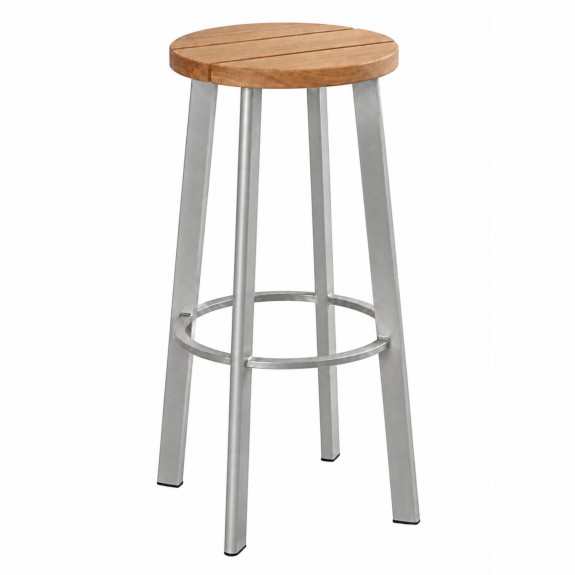 Newport Round Outdoor Bar Stool Wood Top Silver Frame 75cm