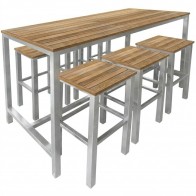 Avoca Beer Garden Outdoor Bar Table and Stools 7 Piece Set Recycled Blonde Timber Top Silver Frame