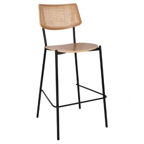 Andrea Rattan Back Black Frame Bar Stool 75cm