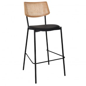 Andrea Rattan Back Black Frame Bar Stool with Padded Seat 77cm