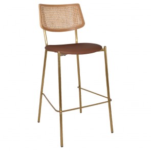 Andrea Rattan Back Brass Frame Bar Stool with Padded Seat 77cm
