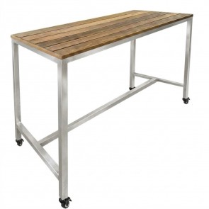 Avoca Beer Garden Outdoor Bar Table Recycled Blonde Timber Top Silver Frame with Castors