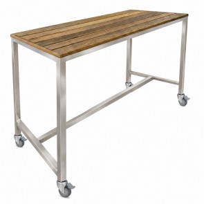 Avoca Beer Garden Outdoor Bar Table Recycled Blonde Timber Top Silver Frame with Castors