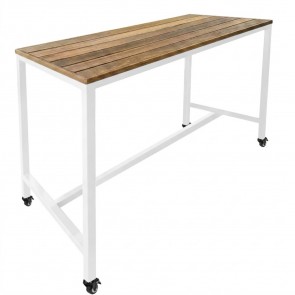 Avoca Beer garden Outdoor Bar Table Recycled Blonde Timber Top White Frame with Castors