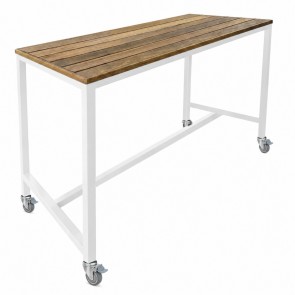Avoca Beer Garden Outdoor Bar Table Recycled Blonde Timber Top White Frame with Castors