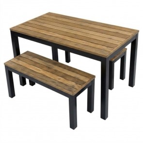 Avoca Beer Garden Outdoor Table and Bench Set Recycled Blonde Timber Top Black Frame