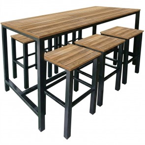 Avoca Beer Garden Outdoor Bar Table and Stools 7 Piece Set Recycled Blonde Timber Top Black Frame
