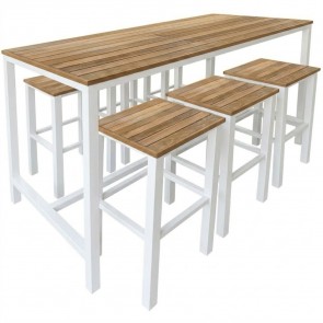 Avoca Beer Garden Outdoor Bar Table and Stools 7 Piece Set Recycled Blonde Timber Top White Frame