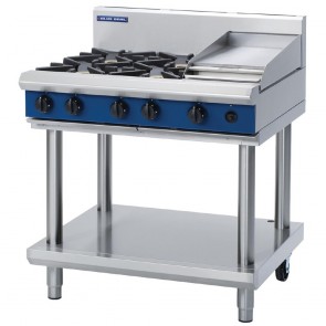 GE831-P Blue Seal 900mm Gas Cooktop 4x Burners & 300mm Griddle On Leg Stand - LPG / Propane