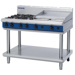 GE834-N Blue Seal 1200mm Gas Cooktop 4 Burners & 600mm Griddle On Leg Stand - Natural Gas