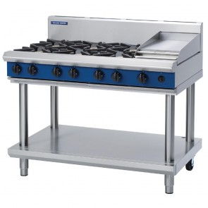 GE835-N Blue Seal 1200mm Gas Cooktop 6 Burners & 300mm Griddle On Leg Stand - Natural Gas