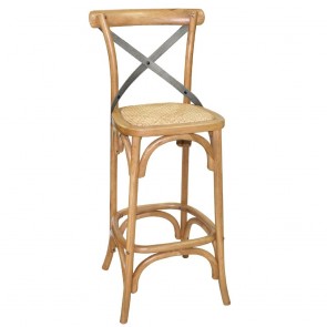 French Provincial Cross Back Bar Stool with Rattan Seat