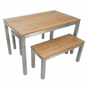 Newport Beer Garden Outdoor Table and Bench Seat Set Wood Top Silver Frame