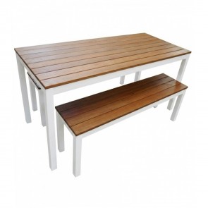 Newport Beer Garden Outdoor Table and Bench Seat Set Wood Top White Frame
