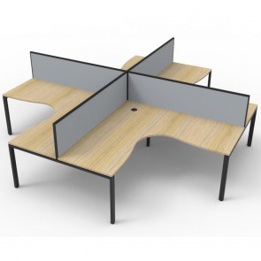 Oak 4 Person Corner Workstation with Screens Black Legs 